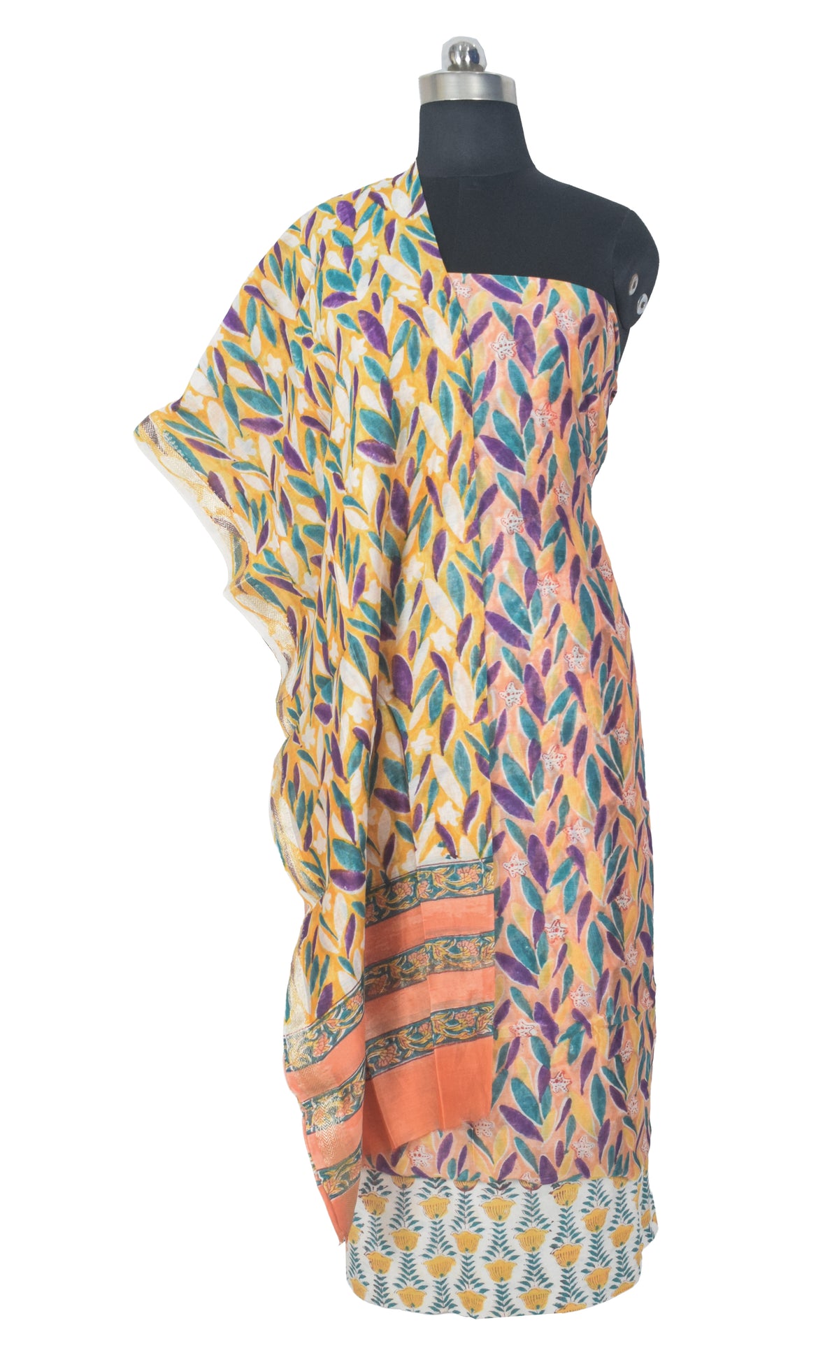 Bagru Maheshwari Silk Golden Border Hand Block Print Dress Material with Cotton Bottom - 2.5 Mt Top   -  SKU : TJ17801A