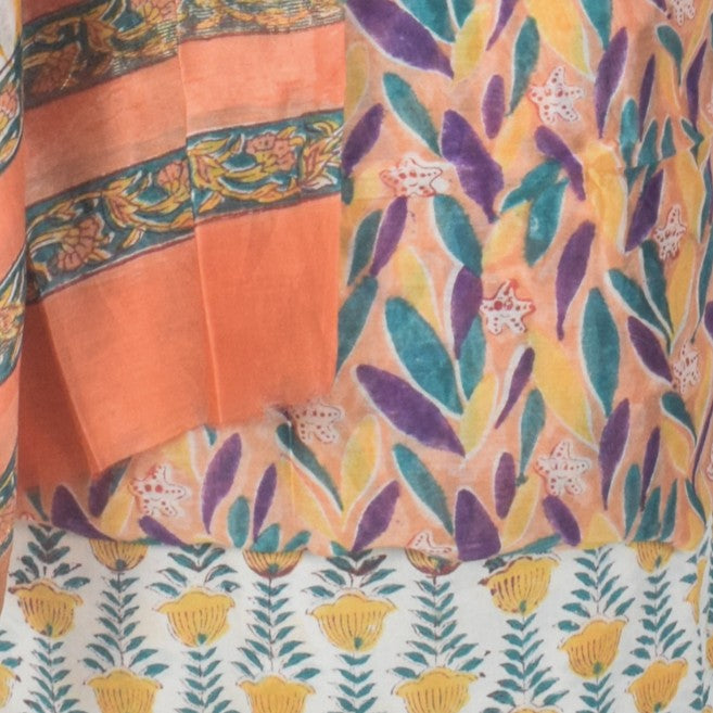 Bagru Maheshwari Silk Golden Border Hand Block Print Dress Material with Cotton Bottom - 2.5 Mt Top   -  SKU : TJ17801A