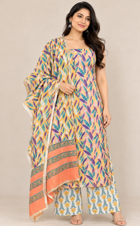 Bagru Maheshwari Silk Golden Border Hand Block Print Dress Material with Cotton Bottom - 2.5 Mt Top   -  SKU : TJ17801A