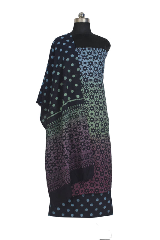 Wax Batik Cotton Ombre dyeing Hand Block Print Dress Material with 44 Inch wide Dupatta - 2.5 Mtr Length    -  SKU : RA04801G