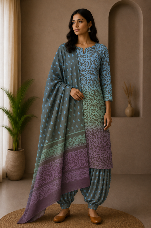 Wax Batik Cotton Ombre dyeing Hand Block Print Dress Material with 44 Inch wide Dupatta - 2.5 Mtr Length    -  SKU : RA04801H