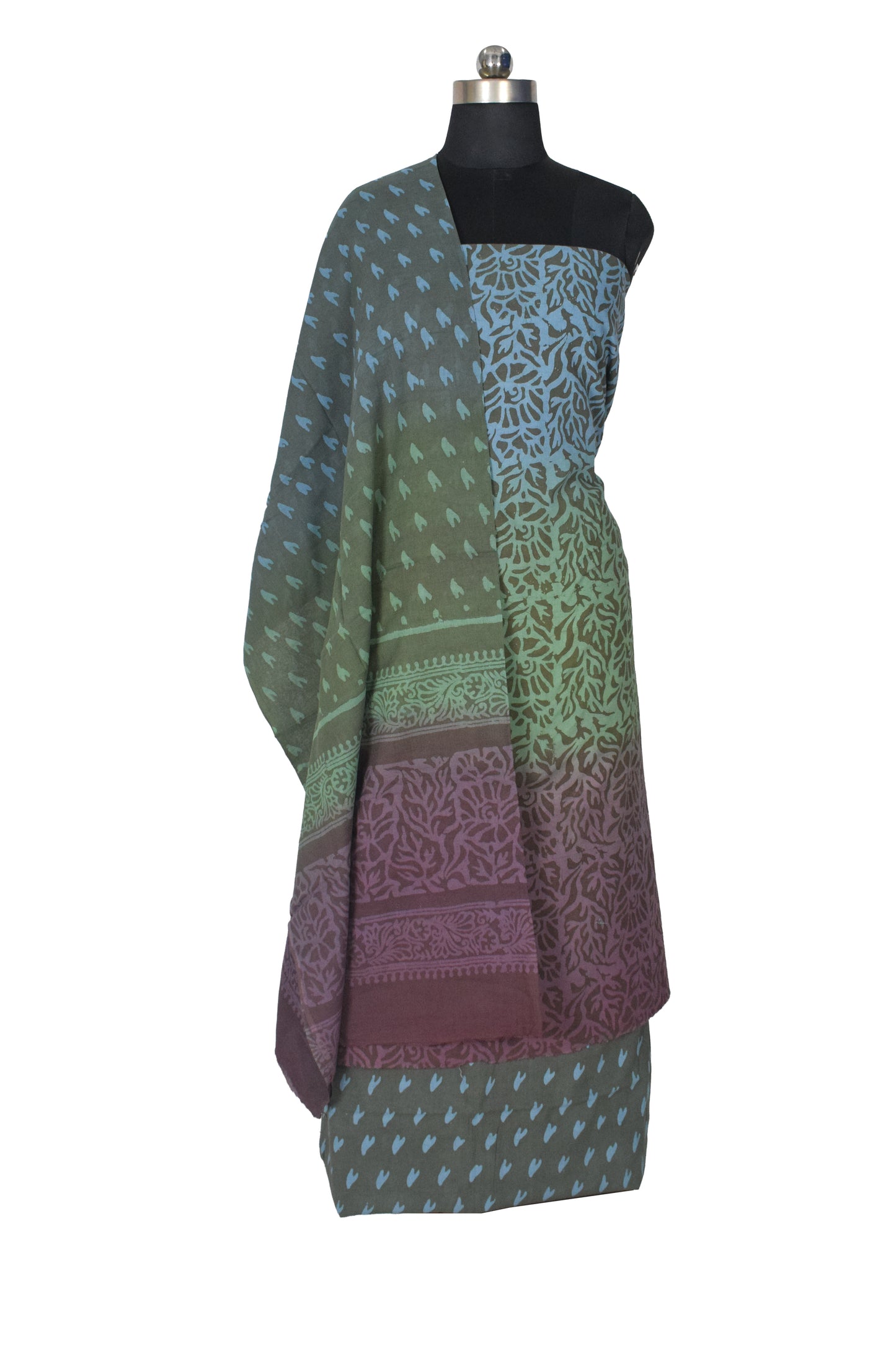 Wax Batik Cotton Ombre dyeing Hand Block Print Dress Material with 44 Inch wide Dupatta - 2.5 Mtr Length    -  SKU : RA04801H