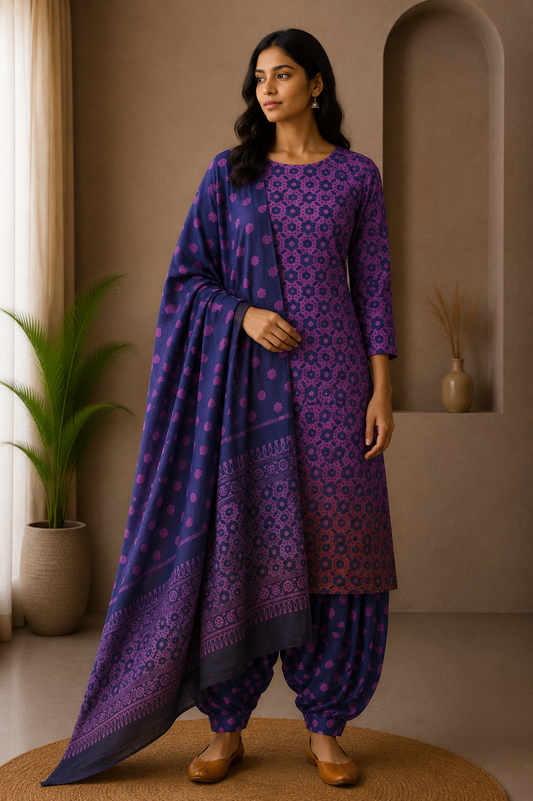 Wax Batik Cotton Ombre dyeing Hand Block Print Dress Material with 44 Inch wide Dupatta - 2.5 Mtr Length    -  SKU : RA04801E