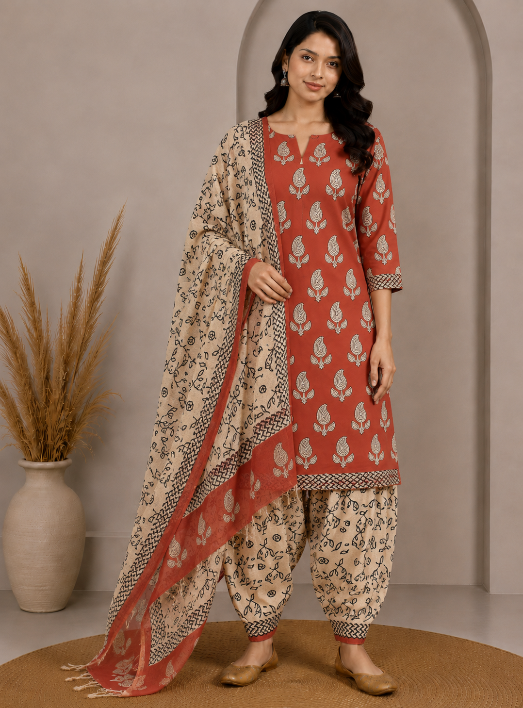 Hand Block Print Cotton Dress Material with Plain Bottom and Kota Doria Dupatta with Tassels - 2.5 Mt Top   -  SKU : TJ27C01B