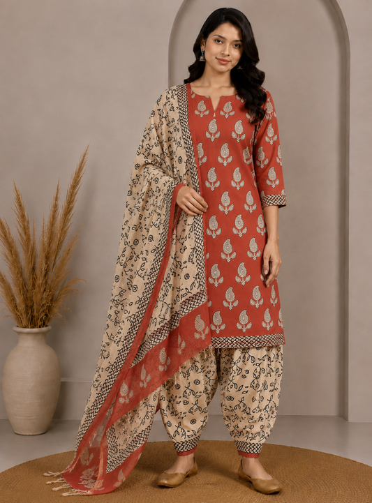 Hand Block Print Cotton Dress Material with Plain Bottom and Kota Doria Dupatta with Tassels - 2.5 Mt Top   -  SKU : TJ27C01B