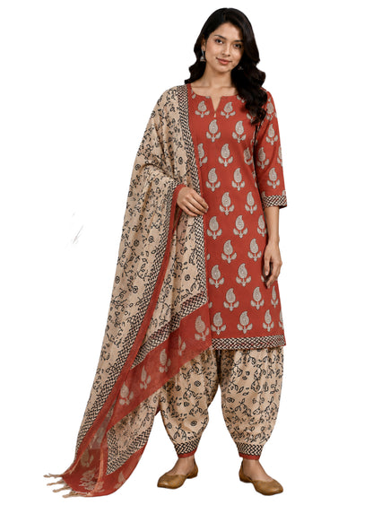 Hand Block Print Cotton Dress Material with Plain Bottom and Kota Doria Dupatta with Tassels - 2.5 Mt Top   -  SKU : TJ27C01B