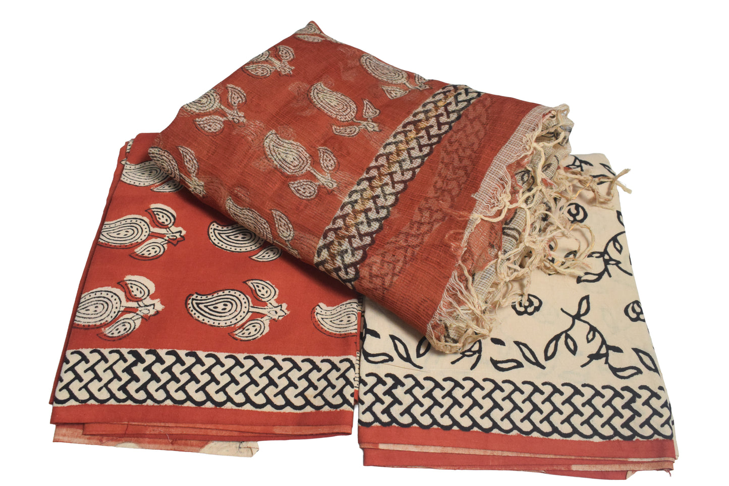 Hand Block Print Cotton Dress Material with Plain Bottom and Kota Doria Dupatta with Tassels - 2.5 Mt Top   -  SKU : TJ27C01B