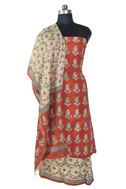 Hand Block Print Cotton Dress Material with Plain Bottom and Kota Doria Dupatta with Tassels - 2.5 Mt Top   -  SKU : TJ27C01B