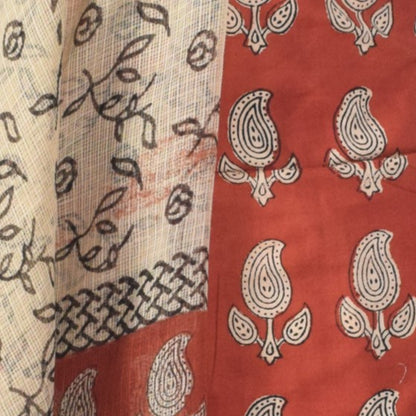 Hand Block Print Cotton Dress Material with Plain Bottom and Kota Doria Dupatta with Tassels - 2.5 Mt Top   -  SKU : TJ27C01B