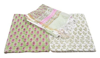 Hand Block Print Cotton Dress Material with Plain Bottom and Kota Doria Dupatta with Tassels - 2.5 Mt Top   -  SKU : TJ20701B