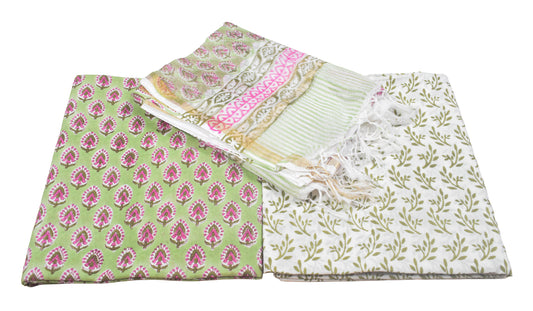 Hand Block Print Cotton Dress Material with Plain Bottom and Kota Doria Dupatta with Tassels - 2.5 Mt Top   -  SKU : TJ20701B