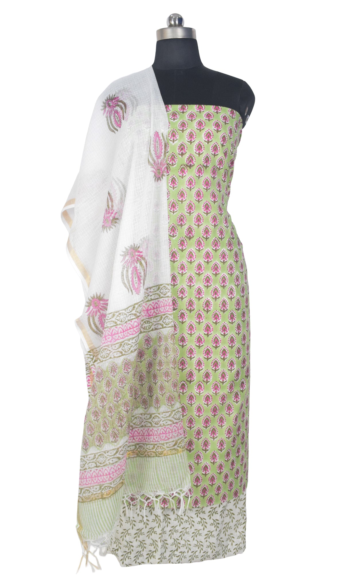 Hand Block Print Cotton Dress Material with Plain Bottom and Kota Doria Dupatta with Tassels - 2.5 Mt Top   -  SKU : TJ20701B
