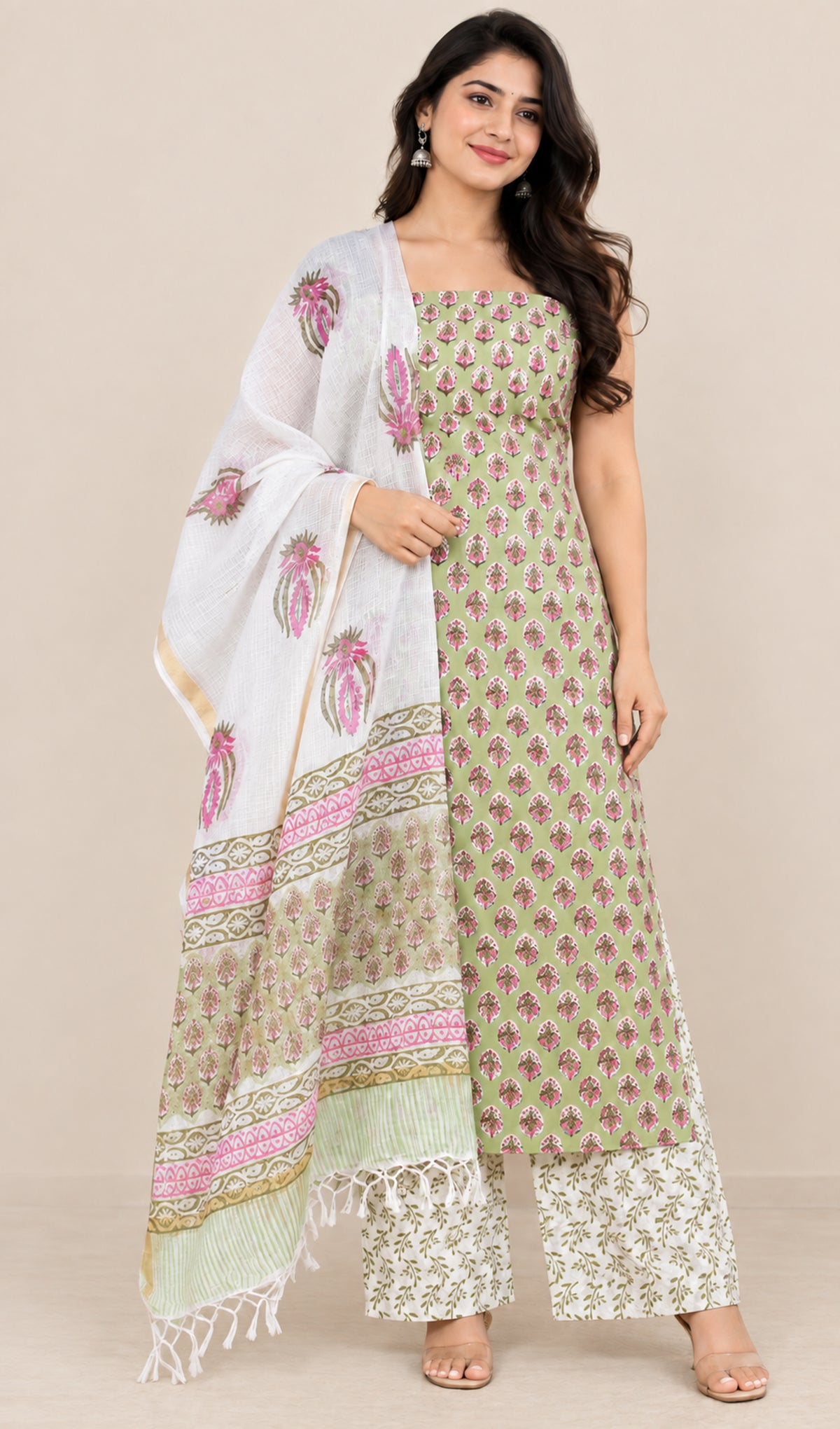 Hand Block Print Cotton Dress Material with Plain Bottom and Kota Doria Dupatta with Tassels - 2.5 Mt Top   -  SKU : TJ20701B