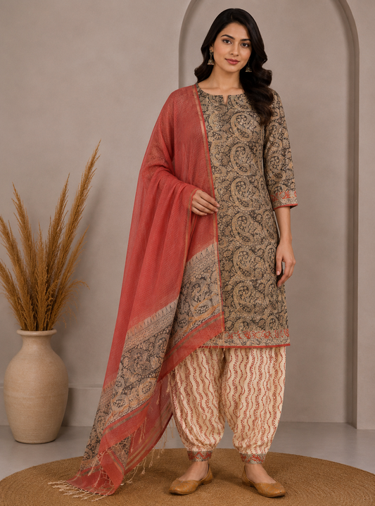 Hand Block Print Kota doria Dress Material with Plain Bottom and Kota Doria Dupatta with Tassels - 2.5 Mt Top   -  SKU : TJ08901B