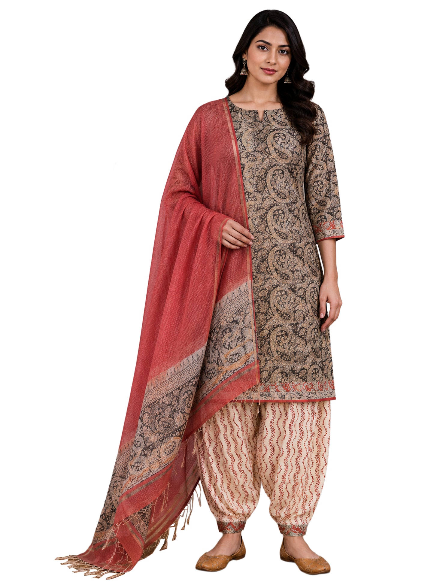Hand Block Print Kota doria Dress Material with Plain Bottom and Kota Doria Dupatta with Tassels - 2.5 Mt Top   -  SKU : TJ08901B