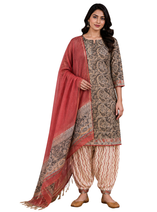 Hand Block Print Kota doria Dress Material with Plain Bottom and Kota Doria Dupatta with Tassels - 2.5 Mt Top   -  SKU : TJ08901B
