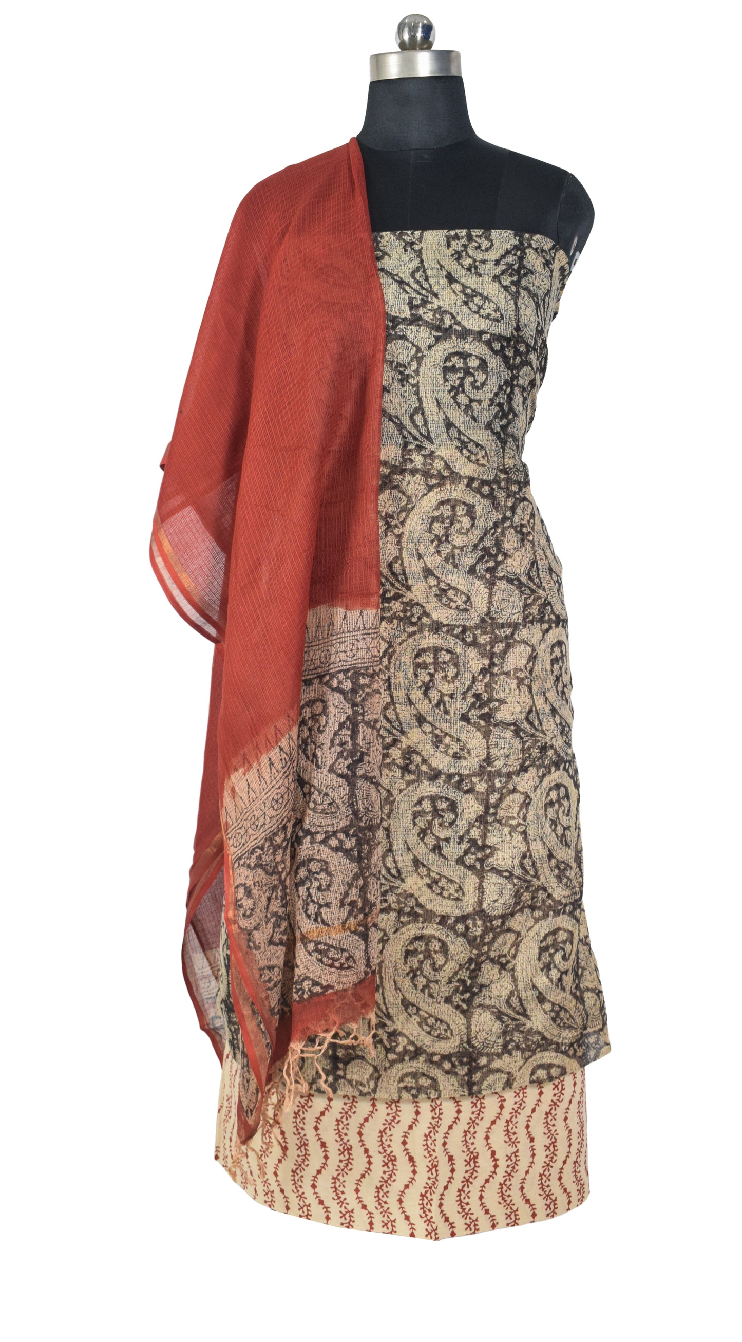 Hand Block Print Kota doria Dress Material with Plain Bottom and Kota Doria Dupatta with Tassels - 2.5 Mt Top   -  SKU : TJ08901B