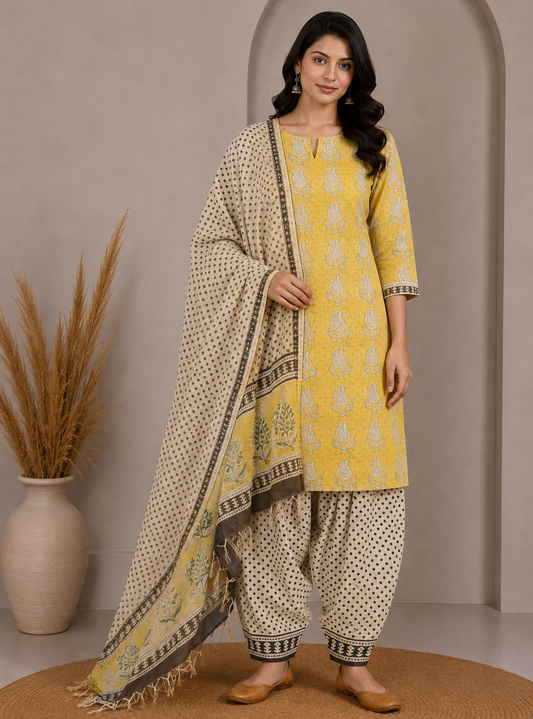 Hand Block Print Kota doria Dress Material with Plain Bottom and Kota Doria Dupatta with Tassels - 2.5 Mt Top   -  SKU : TJ08901A
