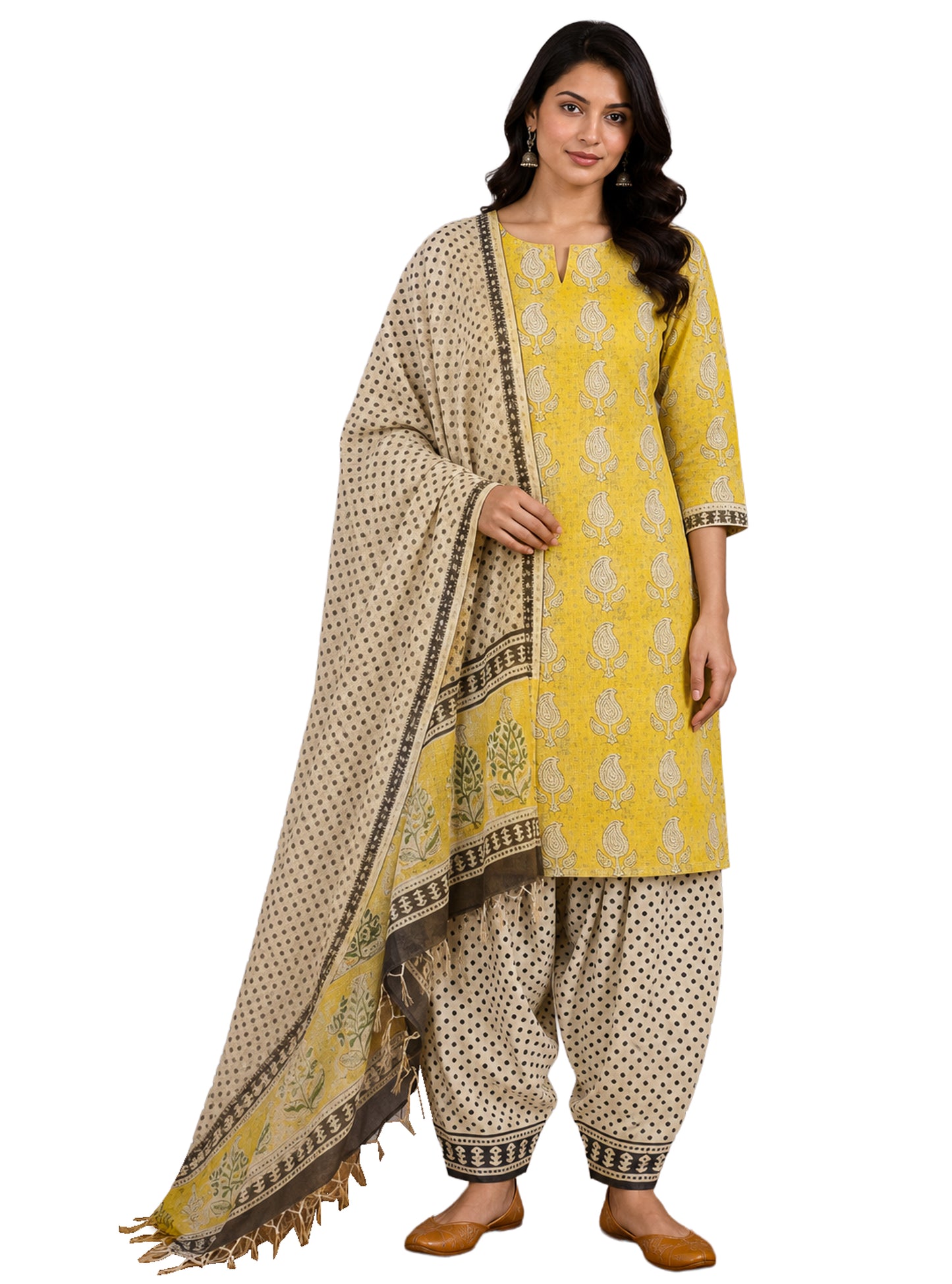 Hand Block Print Kota doria Dress Material with Plain Bottom and Kota Doria Dupatta with Tassels - 2.5 Mt Top   -  SKU : TJ08901A