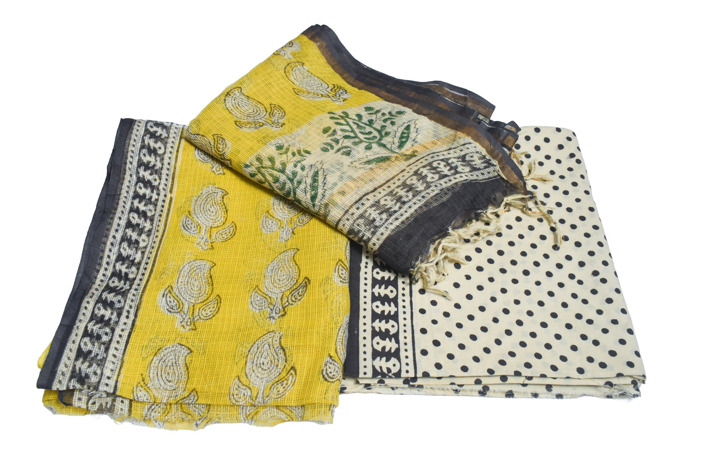 Hand Block Print Kota doria Dress Material with Plain Bottom and Kota Doria Dupatta with Tassels - 2.5 Mt Top   -  SKU : TJ08901A