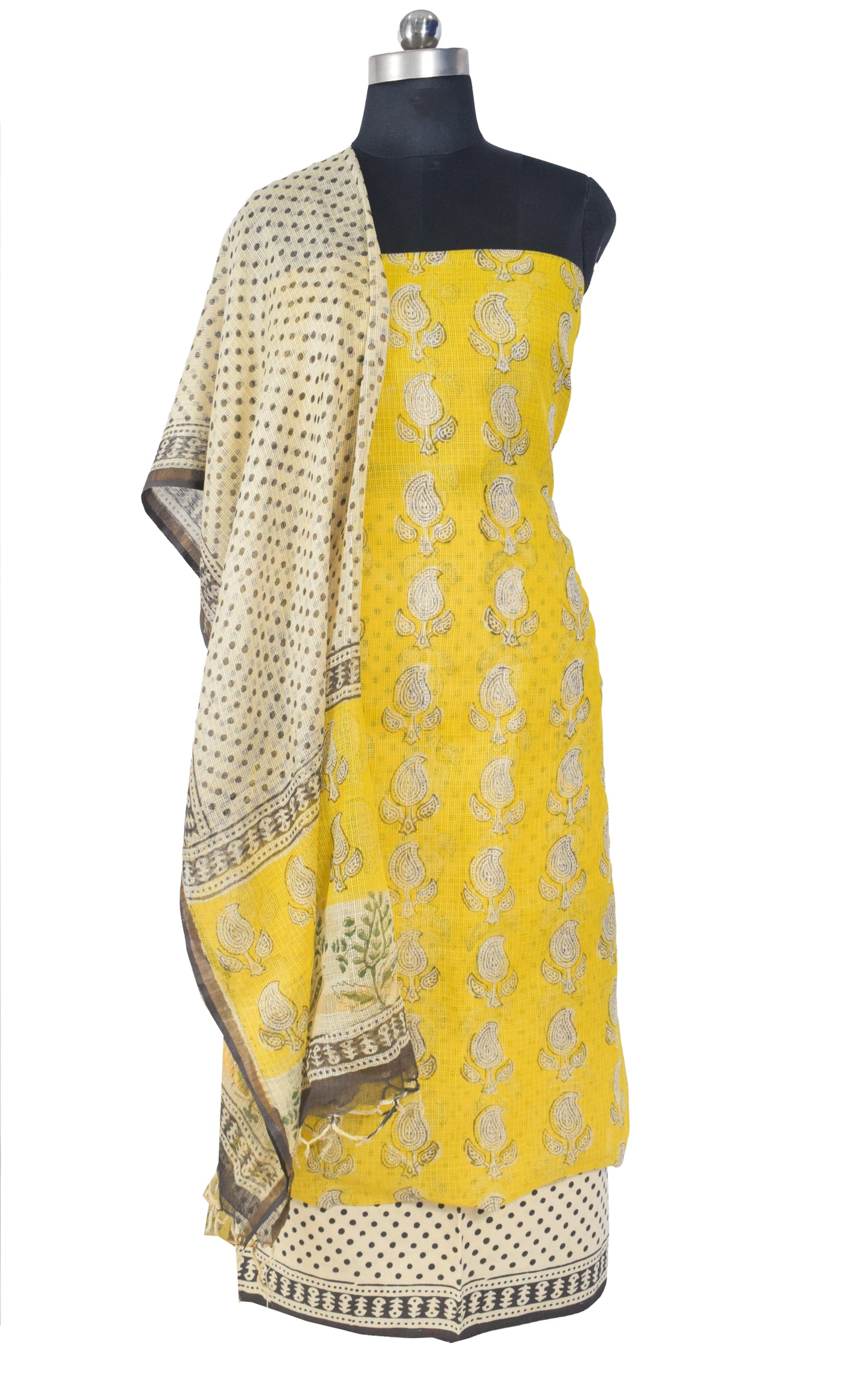 Hand Block Print Kota doria Dress Material with Plain Bottom and Kota Doria Dupatta with Tassels - 2.5 Mt Top   -  SKU : TJ08901A