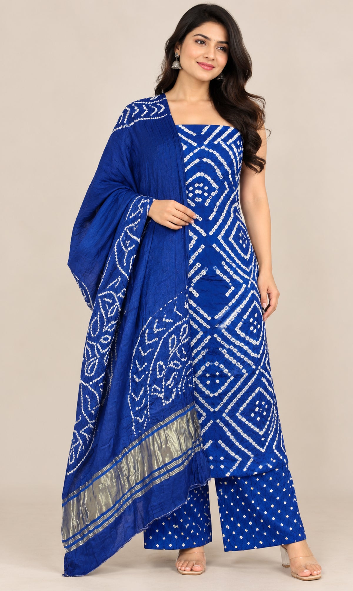 Bandhej [ Tie-Dye] Modal Silk Dress Material with Golden Border Dupatta - 2.5 Mt Top   -  SKU : FJ20701A