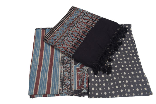 Ajrakh Fine Cotton Natural Dye Hand Woven Hand Block Print Dress Material with Tassels - 2.5 Mt Top   -  SKU : DB13701A