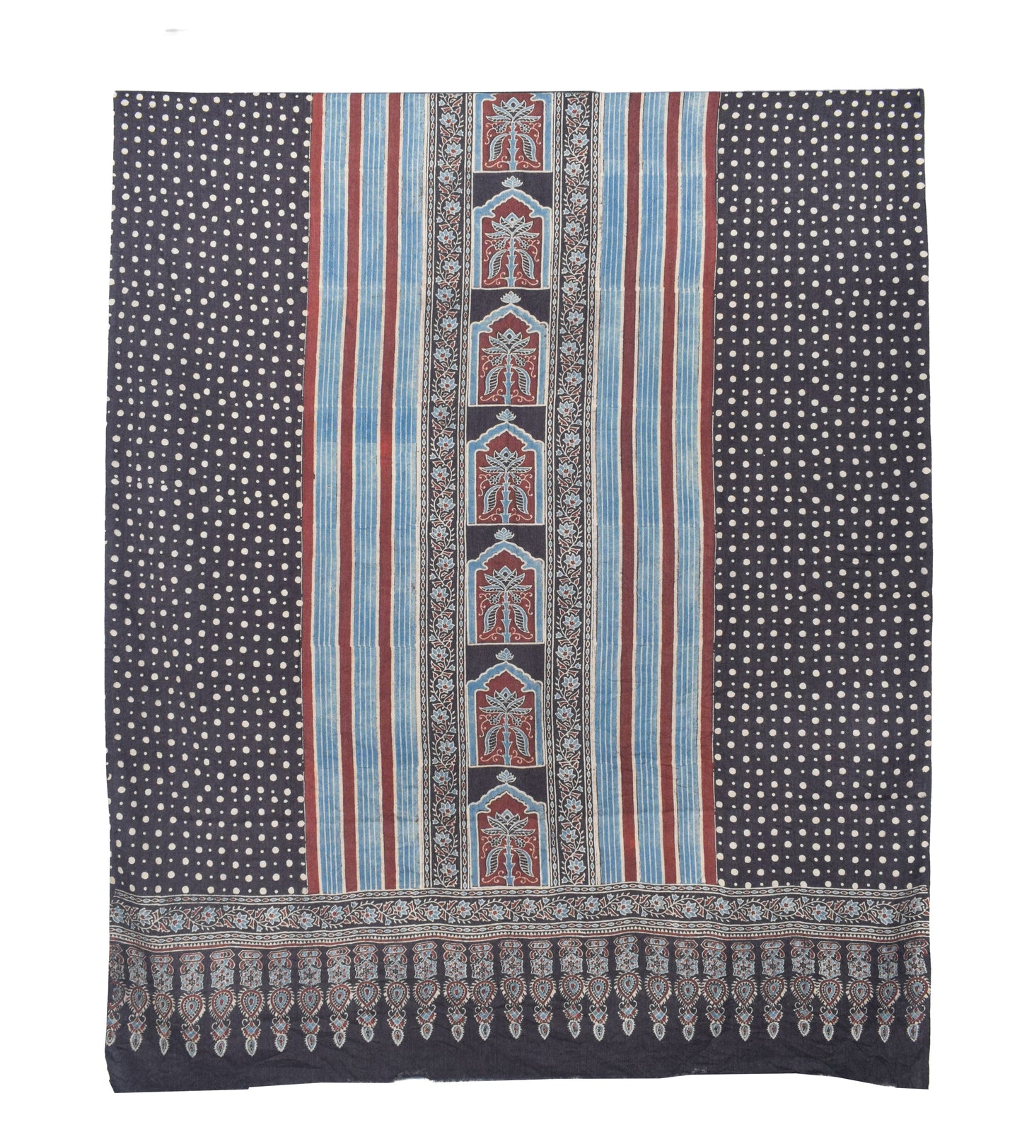 Ajrakh Fine Cotton Natural Dye Hand Woven Hand Block Print Dress Material with Tassels - 2.5 Mt Top   -  SKU : DB13701A