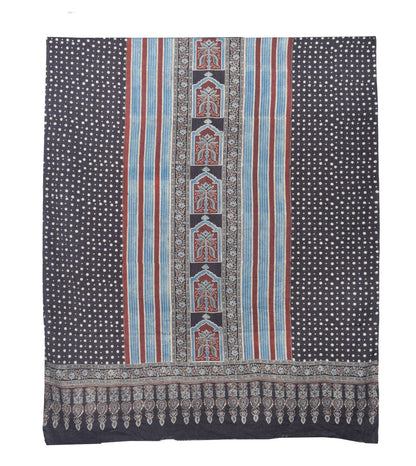 Ajrakh Fine Cotton Natural Dye Hand Woven Hand Block Print Dress Material with Tassels - 2.5 Mt Top   -  SKU : DB13701A