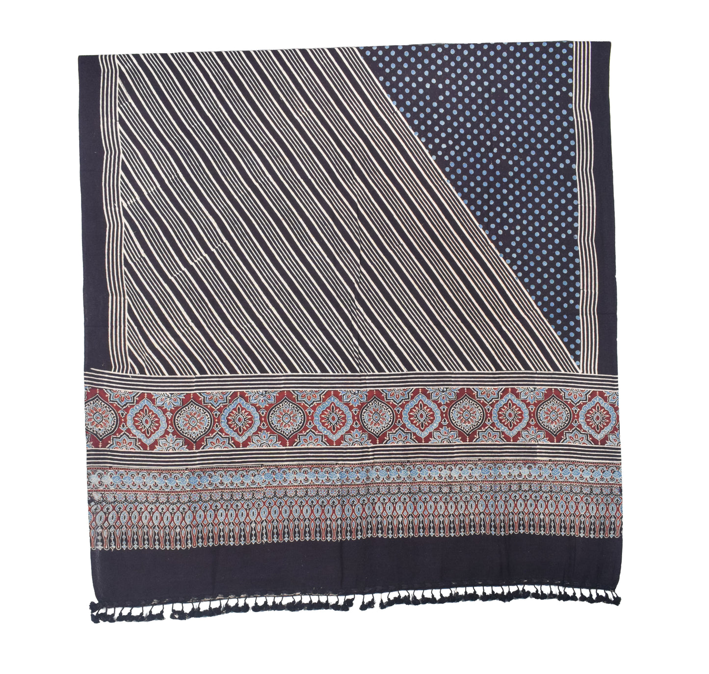 Ajrakh Fine Cotton Natural Dye Hand Woven Hand Block Print Dress Material with Tassels - 2.5 Mt Top   -  SKU : DB13701A