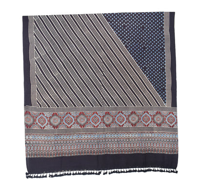 Ajrakh Fine Cotton Natural Dye Hand Woven Hand Block Print Dress Material with Tassels - 2.5 Mt Top   -  SKU : DB13701A