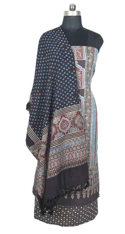 Ajrakh Fine Cotton Natural Dye Hand Woven Hand Block Print Dress Material with Tassels - 2.5 Mt Top   -  SKU : DB13701A