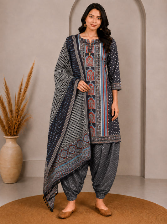 Ajrakh Fine Cotton Natural Dye Hand Woven Hand Block Print Dress Material with Tassels - 2.5 Mt Top   -  SKU : DB13701A