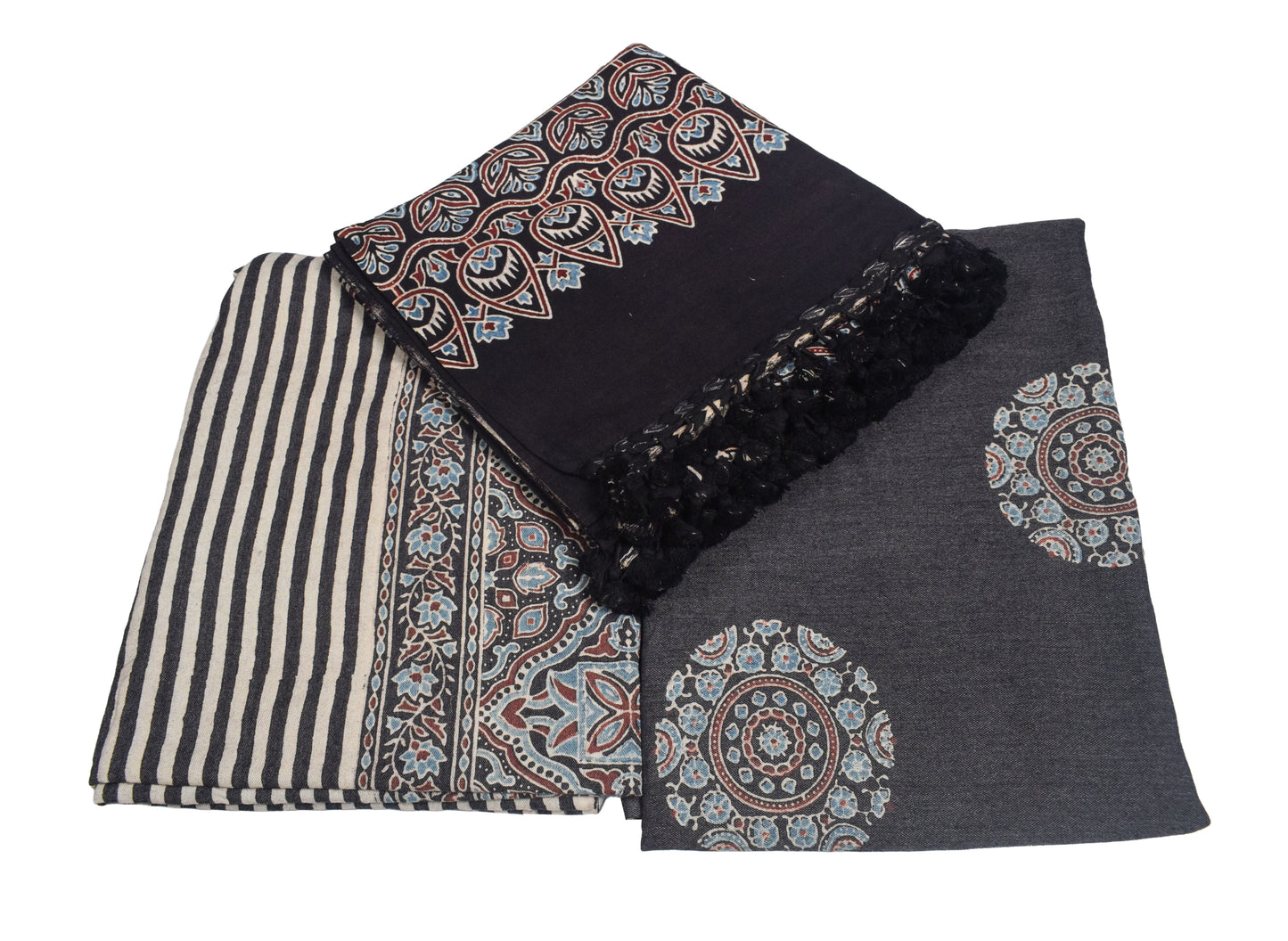 Ajrakh Fine Cotton Natural Dye Hand Woven Hand Block Print Dress Material with Tassels - 2.5 Mt Top   -  SKU : DB13701B