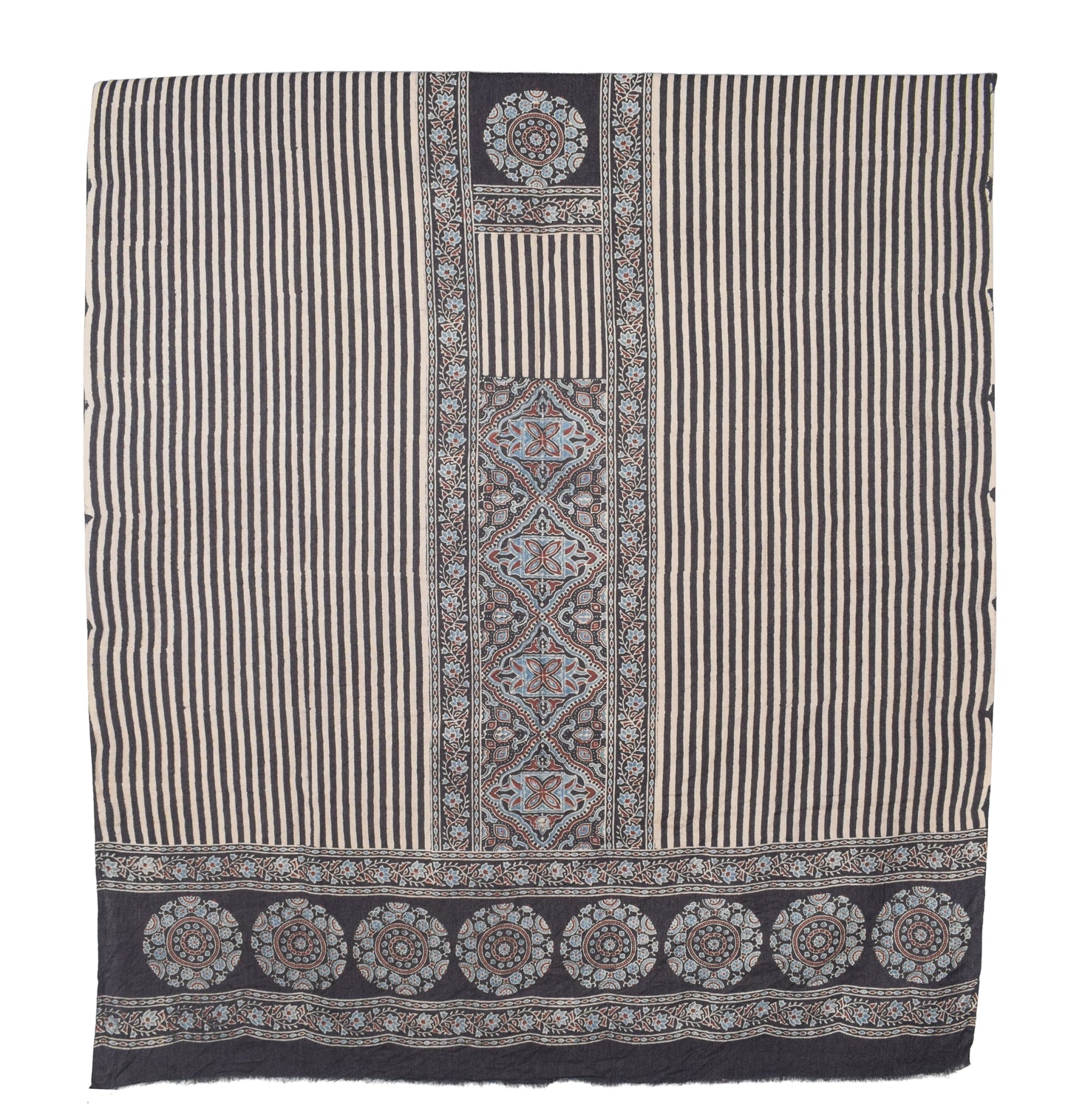Ajrakh Fine Cotton Natural Dye Hand Woven Hand Block Print Dress Material with Tassels - 2.5 Mt Top   -  SKU : DB13701B