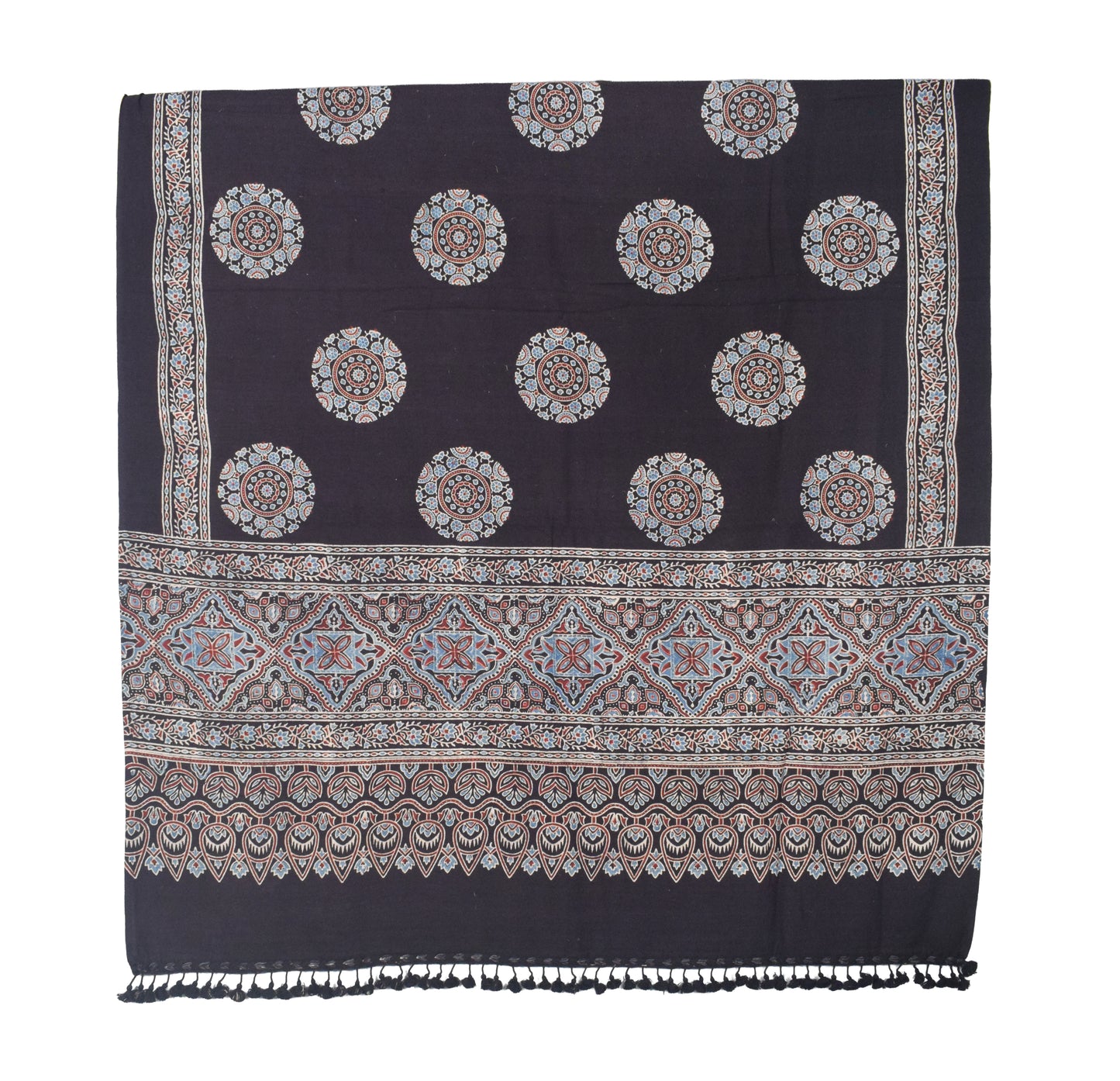 Ajrakh Fine Cotton Natural Dye Hand Woven Hand Block Print Dress Material with Tassels - 2.5 Mt Top   -  SKU : DB13701B