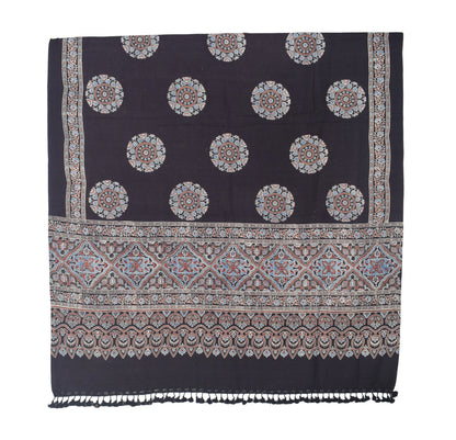Ajrakh Fine Cotton Natural Dye Hand Woven Hand Block Print Dress Material with Tassels - 2.5 Mt Top   -  SKU : DB13701B