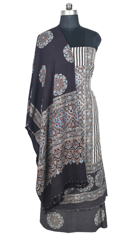 Ajrakh Fine Cotton Natural Dye Hand Woven Hand Block Print Dress Material with Tassels - 2.5 Mt Top   -  SKU : DB13701B