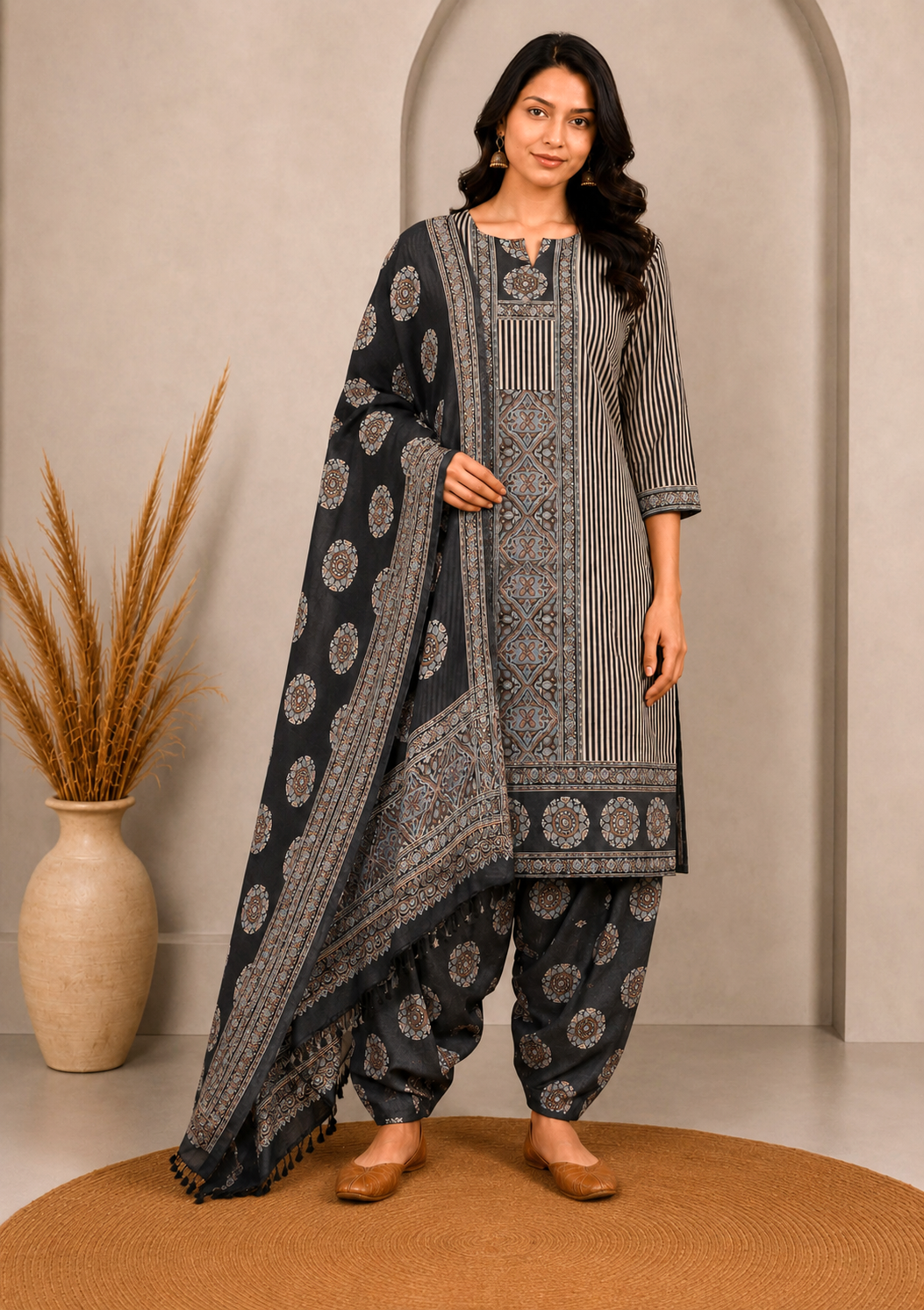 Ajrakh Fine Cotton Natural Dye Hand Woven Hand Block Print Dress Material with Tassels - 2.5 Mt Top   -  SKU : DB13701B
