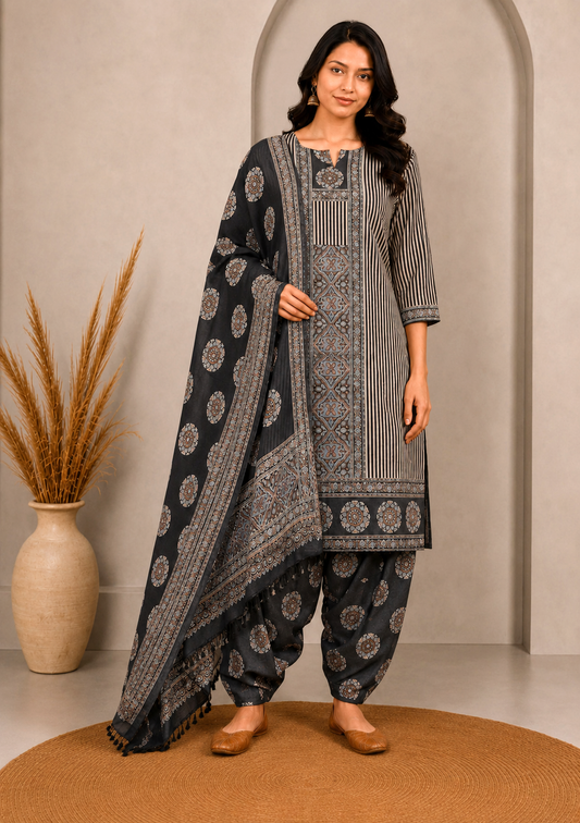 Ajrakh Fine Cotton Natural Dye Hand Woven Hand Block Print Dress Material with Tassels - 2.5 Mt Top   -  SKU : DB13701B