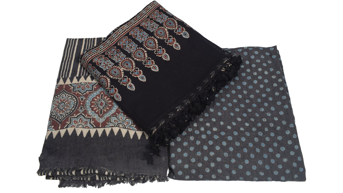 Ajrakh Fine Cotton Natural Dye Hand Woven Hand Block Print Dress Material with Tassels - 2.5 Mt Top   -  SKU : DB13701C