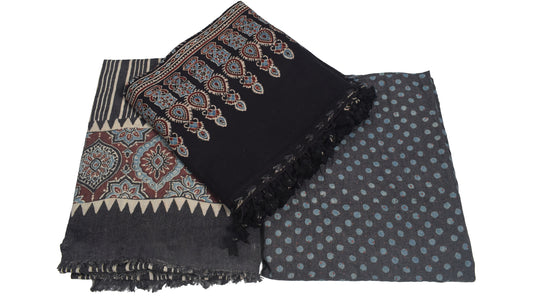 Ajrakh Fine Cotton Natural Dye Hand Woven Hand Block Print Dress Material with Tassels - 2.5 Mt Top   -  SKU : DB13701C