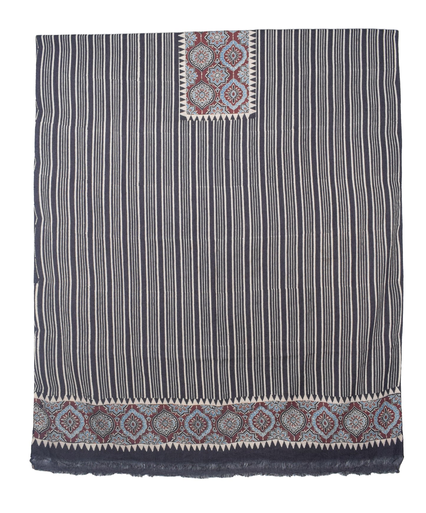 Ajrakh Fine Cotton Natural Dye Hand Woven Hand Block Print Dress Material with Tassels - 2.5 Mt Top   -  SKU : DB13701C