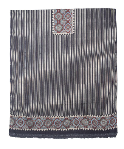 Ajrakh Fine Cotton Natural Dye Hand Woven Hand Block Print Dress Material with Tassels - 2.5 Mt Top   -  SKU : DB13701C
