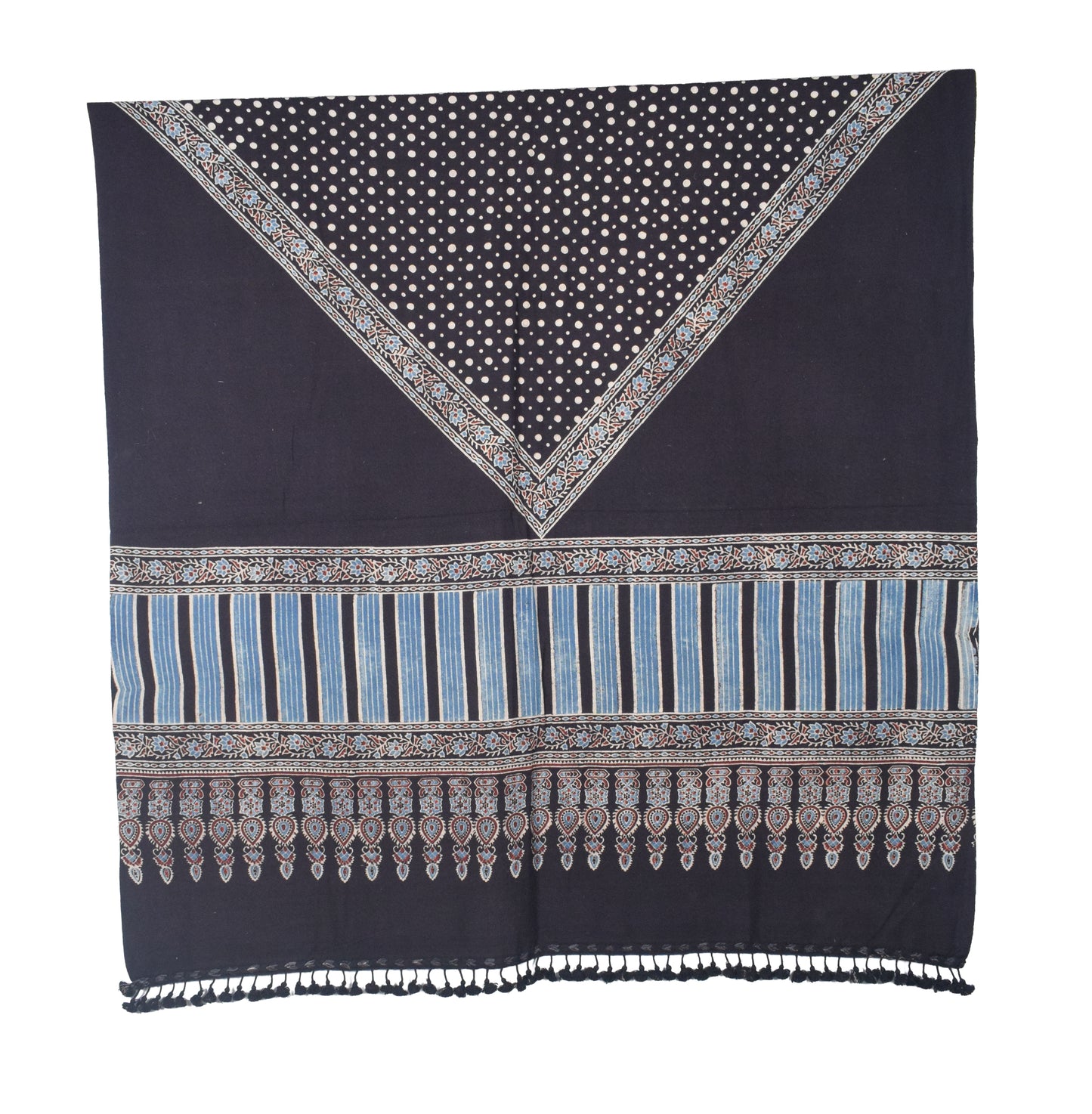 Ajrakh Fine Cotton Natural Dye Hand Woven Hand Block Print Dress Material with Tassels - 2.5 Mt Top   -  SKU : DB13701C