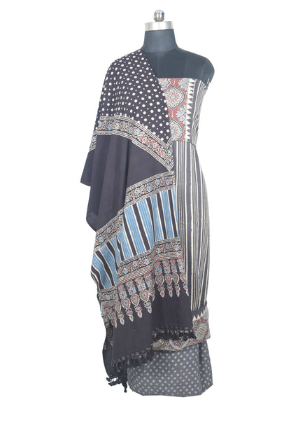 Ajrakh Fine Cotton Natural Dye Hand Woven Hand Block Print Dress Material with Tassels - 2.5 Mt Top   -  SKU : DB13701C