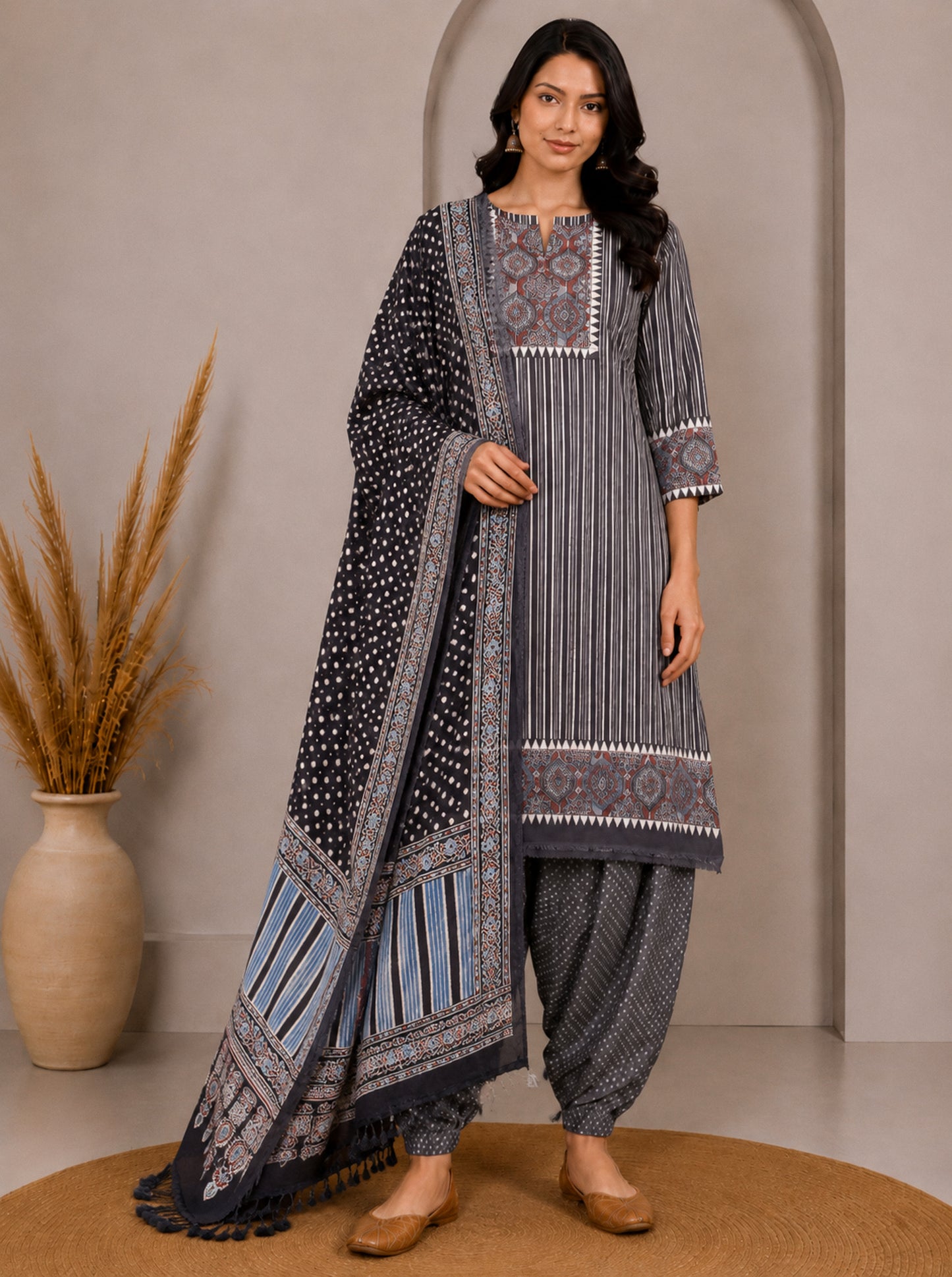 Ajrakh Fine Cotton Natural Dye Hand Woven Hand Block Print Dress Material with Tassels - 2.5 Mt Top   -  SKU : DB13701C