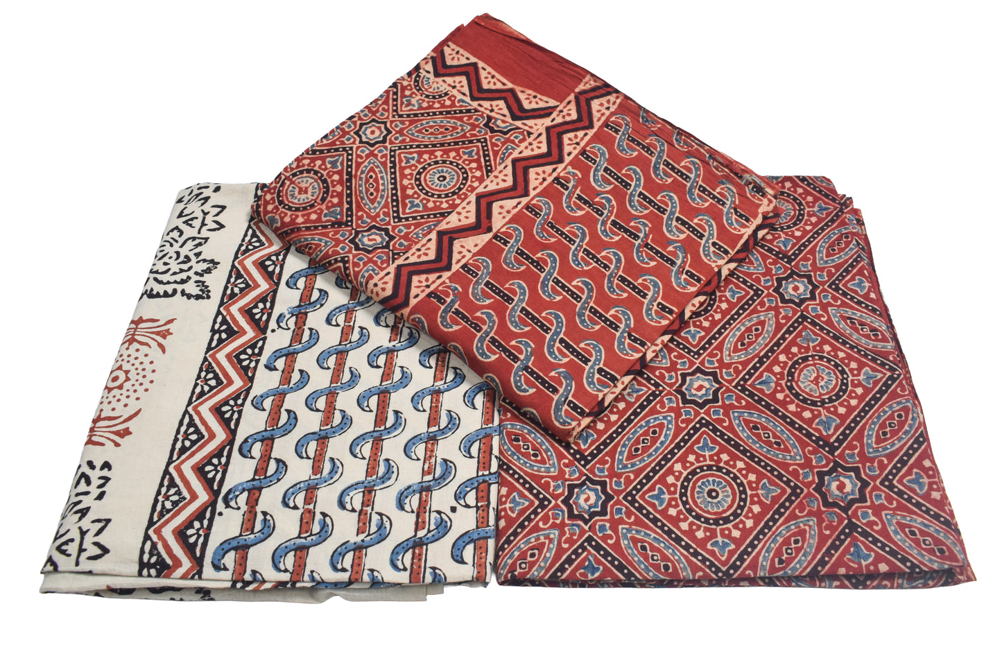 Ajrakh Cotton Natural Dye Three Colour Print | 3 Kam | Hand Block Print Dress Material with 44 Inch wide Dupatta - 2.5 Mt Top   -  SKU : AI03701K