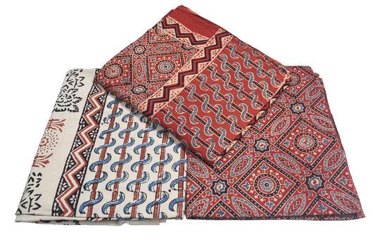 Ajrakh Cotton Natural Dye Three Colour Print | 3 Kam | Hand Block Print Dress Material with 44 Inch wide Dupatta - 2.5 Mt Top   -  SKU : AI03701K