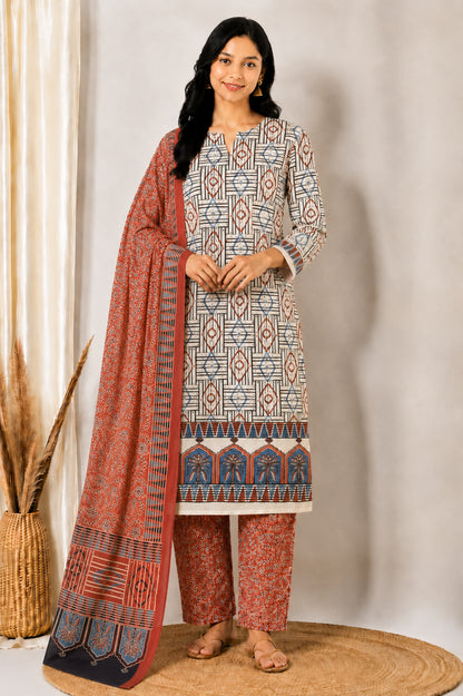 Ajrakh Cotton Natural Dye Three Colour Print | 3 Kam | Hand Block Print Dress Material with 44 Inch wide Dupatta - 2.5 Mt Top   -  SKU : AI03701J
